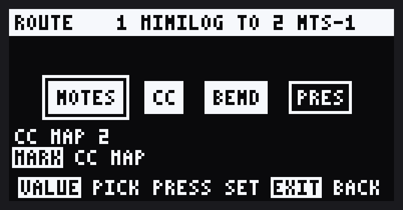 Route MINILOG to NTS-1 with CC and BEND on and two CC map pairs